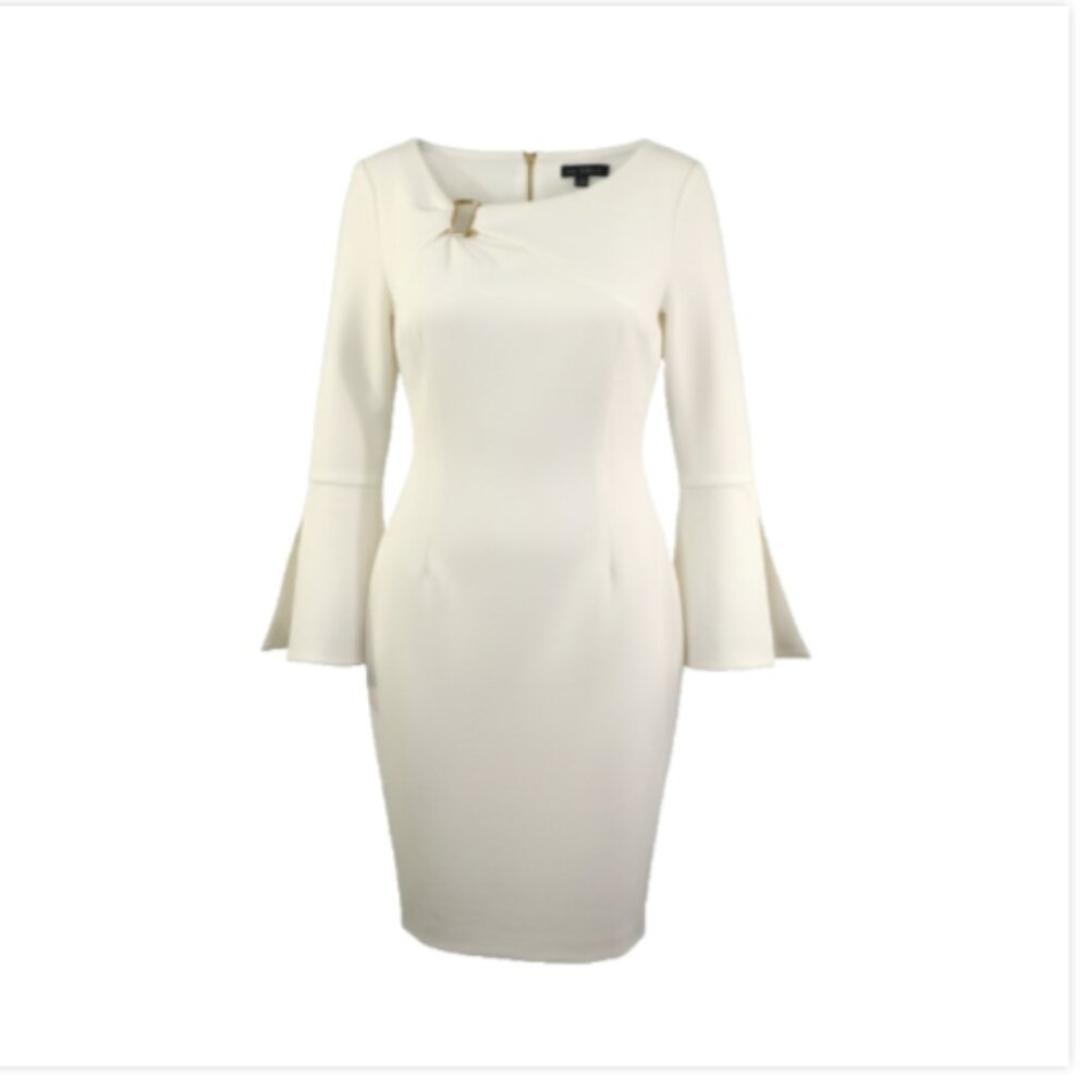 Nina Leonard Dress Sz L Winter White Sheath Jewel Neck Cocktail NWT Read